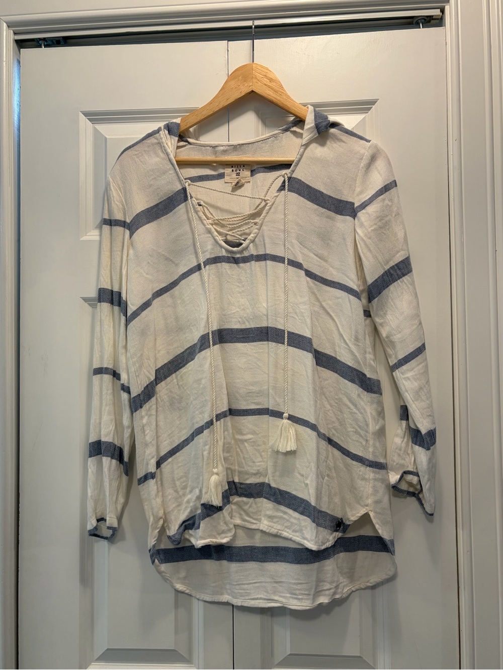 Billabong Blue & White Striped Lace-Up Swim Coverup with hood